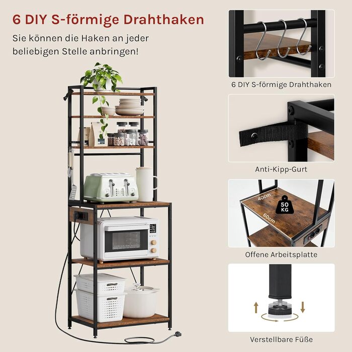 Кухонна полиця WOLTU з 6 ярусами, з розетками, мікрохвильова полиця з 6 гачками, полиця пекаря з металевим каркасом, регульовані полиці, Чорний+Рустикальне коричневий, 60 x 167 x 40 см