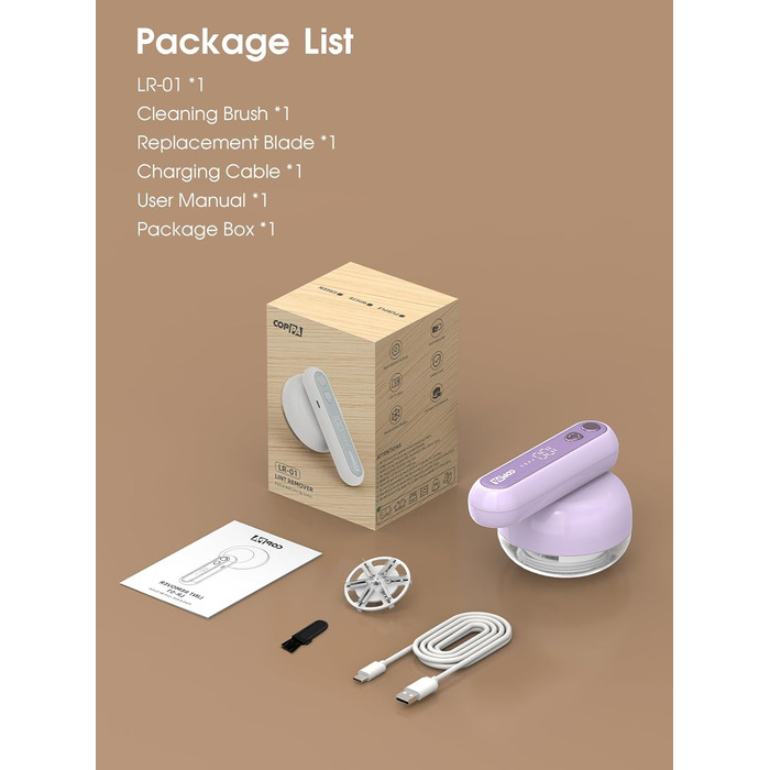 Електричний видальник ворсу COPPA з 6 лезами, 3 швидкості, перезаряджається, портативний, з індикатором заряду, для одягу (білий/фіолетовий)