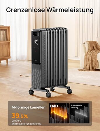 Електричний масляний радіатор Dreo OH310, 2000W, з пультом керування, 9 ребер, термостат, таймер, захист від перегріву та перекидання