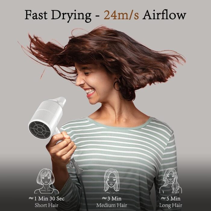 Компактний іонізуючий фен для волосся 2000W, складаний дорожній фен з дифузором та стилізуючою насадкою, швидке сушіння, білий