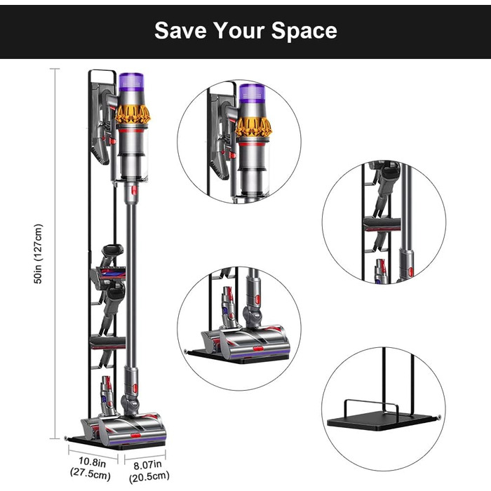 Підставка Foho для Dyson V6-V15, з колесами, тримачем аксесуарів, без свердління, чорна