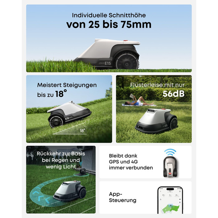 Робот-газонокосарка eufy E15 без дроту, до 800 м², TrueVision, навігація, уникнення перешкод, керування через додаток