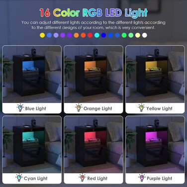 Тумба приліжкова чорна з LED-підсвіткою, 2 розетки, 2 USB, відкриті полиці та шухляда, 40x35x60 см, глянцева, для спальні