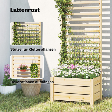 Підвищений грядок з шпалером, дерев'яний квітник з опорою, дренажним отвором, тканиною, 60 x 39 x 200 см, натуральне дерево