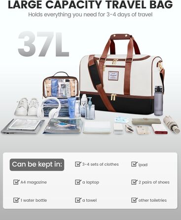 Сумка-рюкзак LOVEVOOK 37L для подорожей, вихідних, пологового будинку, спорту та фітнесу. Водостійка, з відділенням для взуття та мокрих речей, ручна поклажа для авіаперельотів (M, Бежево-чорно-коричневий)
