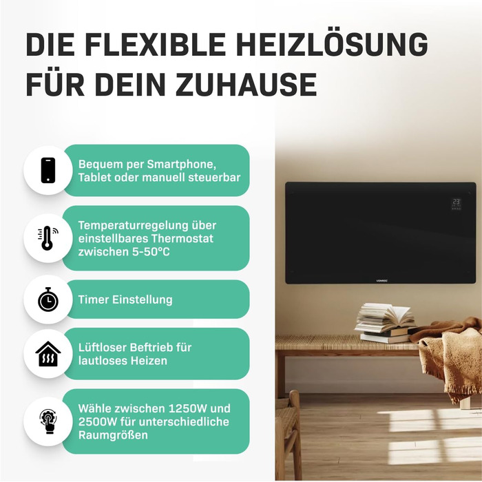 Електричний конвекторний обігрівач VONROC - 2500W, білий/чорний, керування через додаток, для площі до 24м²