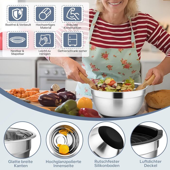 Набір мисок HaWare 6 шт. з нержавіючої сталі, набір салатників з герметичними кришками та 3 насадки для тертя, об'єм 4,6/2,8/2,5/1,6/1,2/0,7 л, антиковзний силіконовий низ, придатні для миття в посудомийній машині, чорний колір