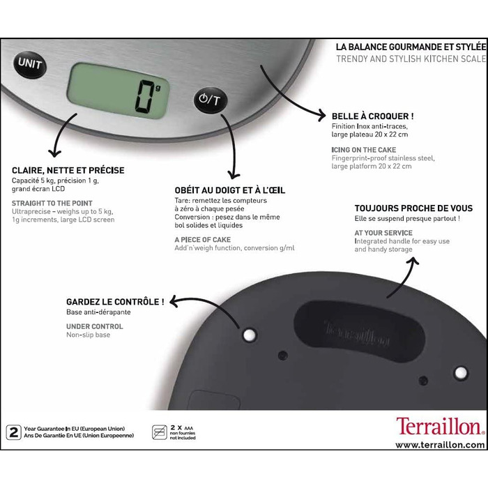 Електронні кухонні ваги TERRAILLON тара, перетворення рідини, вбудована ручка, діапазон зважування 5 кг, точність 1г модель 'Macaron Inox вишнево-чорна