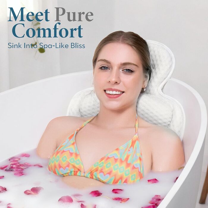 Подушка для ванни на голову та шию, бежева, 3D-сітка, 54 присоски - комфортний аксесуар для релаксу у ванні