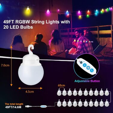 Ланцюжок прикрас для зовнішнього використання з таймером, LED-ланцюжок живлення на вулиці з 25+2 G40 лампочками, 4 режими та регульована яскравість, вологостійкий для саду, балкону, тераси, вечірки, весілля (тепле біле світло), USB-15м-G40