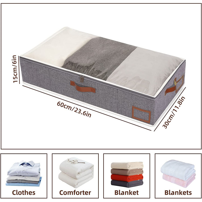 Комоди під ліжком, сумка для зберігання одягу під ліжком, складане сховище для одягу з прозорим вікном для ковдр, Ковдри, стьобані Ковдри, 60x30x15 см, (60x30x15 см/(3 упаковки), сірий), 3