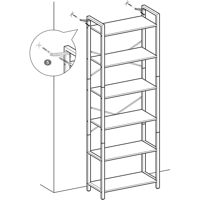 Книжкова шафа VASAGLE, 6 ярусів, сталевий каркас, 30x66x186 см, вінтажний дизайн