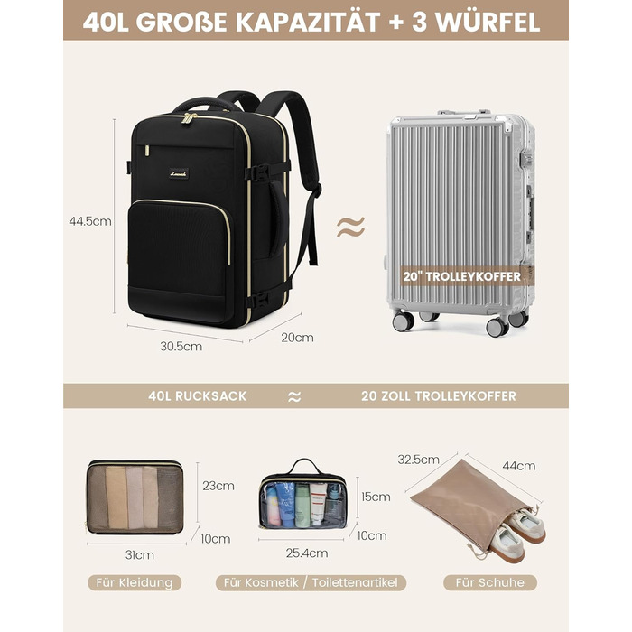 LOVEVOOK Рюкзак ручної поклажі, 40L, 17.3 дюйми, для подорожей та бізнесу, водонепроникний, 45x30x20 см, кольори: зелений, бежевий, чорний