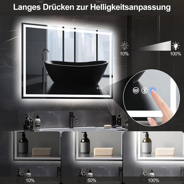 Дзеркало для ванної кімнати зі світлодіодним підсвічуванням 50x70 см, дзеркало з сенсорним вимикачем, Bluetooth (80x60 см)