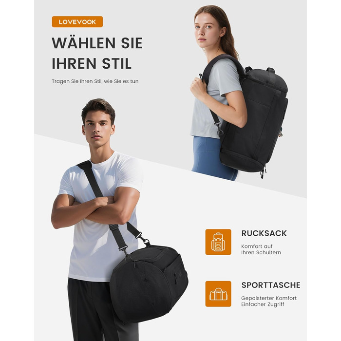 Спортивна сумка LOVEVOOK для жінок та чоловіків, велика сумка для тренувань та подорожей, 45L, з відділенням для взуття та мокрих речей, водонепроникна, з функцією рюкзака, чорна (51x28x32 см)
