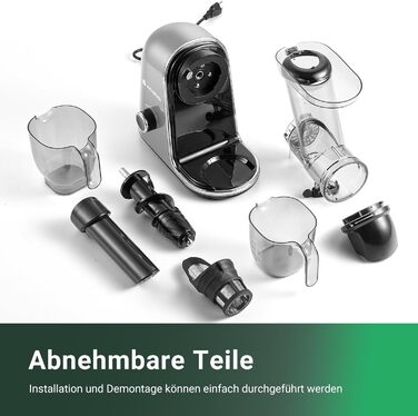 Електричний соковитискач AOBOSI Slow Juicer з 2 швидкостями, для овочів та фруктів, з 8-ступеневою спіраллю, щіткою для очищення та 2 чашами, функція реверсу, сірий