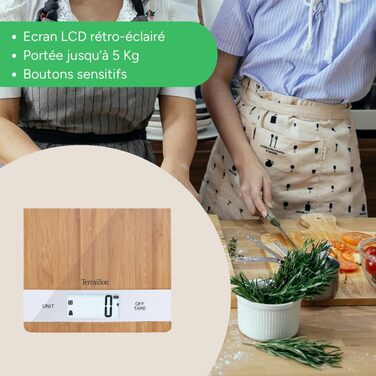 Кухонні ваги TERRAILLON Bamboo з USB-зарядкою, функція Tara, перетворення об'єму, 5 кг, бамбук
