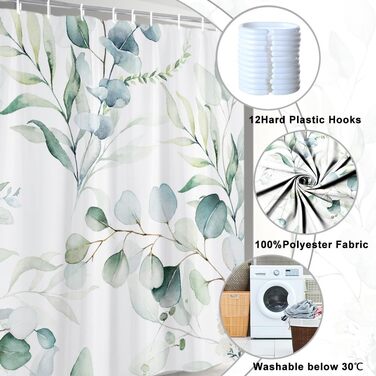 Шторка для душу 180x220 см, антигрибкова, з тропічним дизайном (зелені пальмові листя, евкаліпт, гриби), водонепроникна, з поліестеру, придатна для прання, для ванної кімнати, з 12 гачками