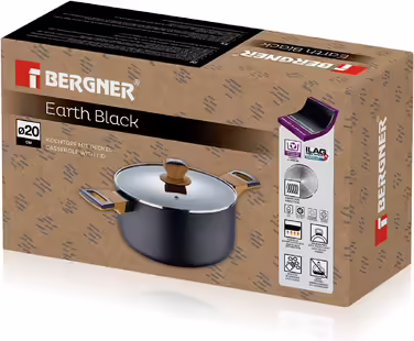 Каструля BERGNER Earth Black 20 см, алюміній, дерев'яні ручки, антипригарна, для індукції, сіра