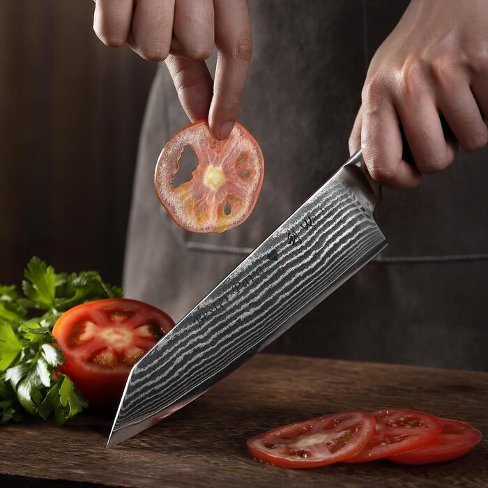 Японський ніж Wakoli EDIB Kiritsuke з дамаської сталі (серцевина VG10), 20 см – професійний ніж для кухні та приготування їжі, з ручкою з паккавуда, у подарунковій коробці з гравіюванням