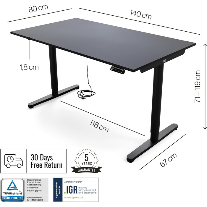 Дитяча парта Yaasa Desk Basic S, 120x70 см, вкл. ключовий замок, USB-порт для зарядки, парта, що росте разом з дитиною (антрацит, 140x80 см)