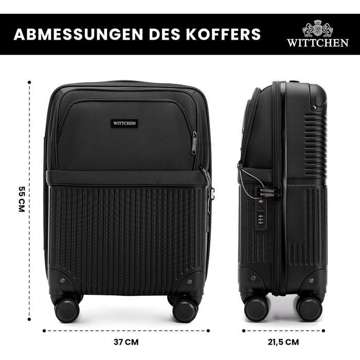 Набір валізWITTCHEN AXIS 3 шт. | Чемодани ручної/переносної розмірності M, L | Гібрид ABS Nylon з кишенями на блискавці, TSA-замок, телескопічна ручка, 360° колеса, легкі, чорні (55 x 37 x 21,5 см)