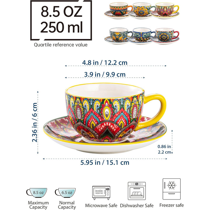 Кавовий сервіс Henten Home з порцеляни, 6 чашок, 250 мл, ручної роботи, набір для 6 осіб. Включає чашки та блюдця