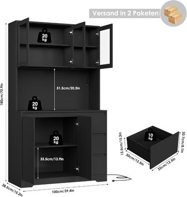 Чорний кухонний буфет з LED-підсвіткою, стільницею та 3 висувними ящиками, 180x100x38.5 см