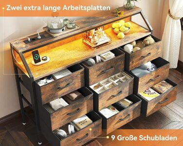 Комод ODK з висувними ящиками, 9 тканинних ящиків, 2 розетки, 2 USB-порти, LED-підсвітка, для спальні/вітальні, вінтажний стиль