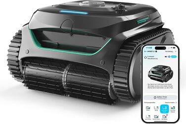 Робот-прибиральник для басейну WYBOT C2: акумуляторний, для вбудованих басейнів до 150㎡, подвійне фільтрування, 3-моторний, сильна тяга, підйом по стінах, очищення лінії води, 180 хв, керування через додаток (чорно-зелений-сірий)