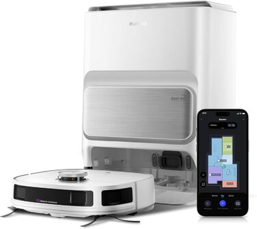 Робот-пилосос EUREKA J12 Ultra з функцією миття підлоги (самостійне очищення, прання та сушка), потужність всмоктування 5000Pa, обертова функція миття, Dual-LiDAR навігація, 3D уникнення перешкод, білий