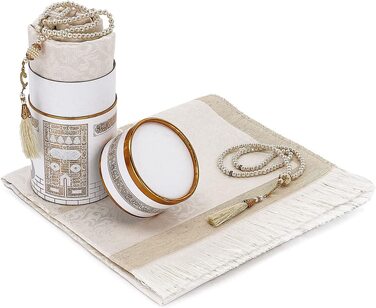 Іхван онлайн мусульманський молитовний килимок і розарій з елегантним дизайном циліндрична подарункова коробка / Джанамаз саджада / набір ісламських подарунків / молитовний килимок, тканина з тафти, (білий)