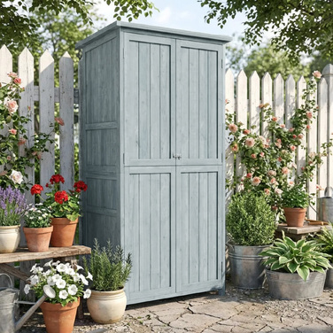 Садовий шафка з дерева, стійкий до погодних умов, навіс для інструментів з подвійними дверима, магнітний замок, для саду, тераси, 85 x 54 x 170 см, сірий