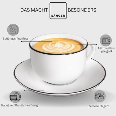 Набір чашок з блюдцем SÄNGER Marlo Black Rim (12 шт.), 6 персон, порцеляна, 200 мл | Преміум якість