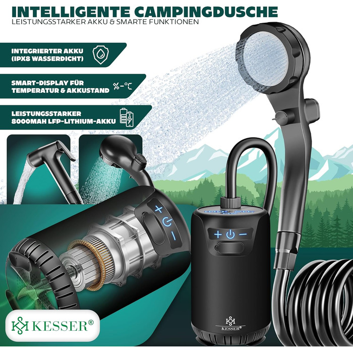 Соняшний душ KESSER® з насосом та акумулятором 8000mAh. Комплект для кемпінгу: регульована лійка, шланг 2м, пістолет-пульверизатор, кріплення. Без бака (Чорний/Чорний)