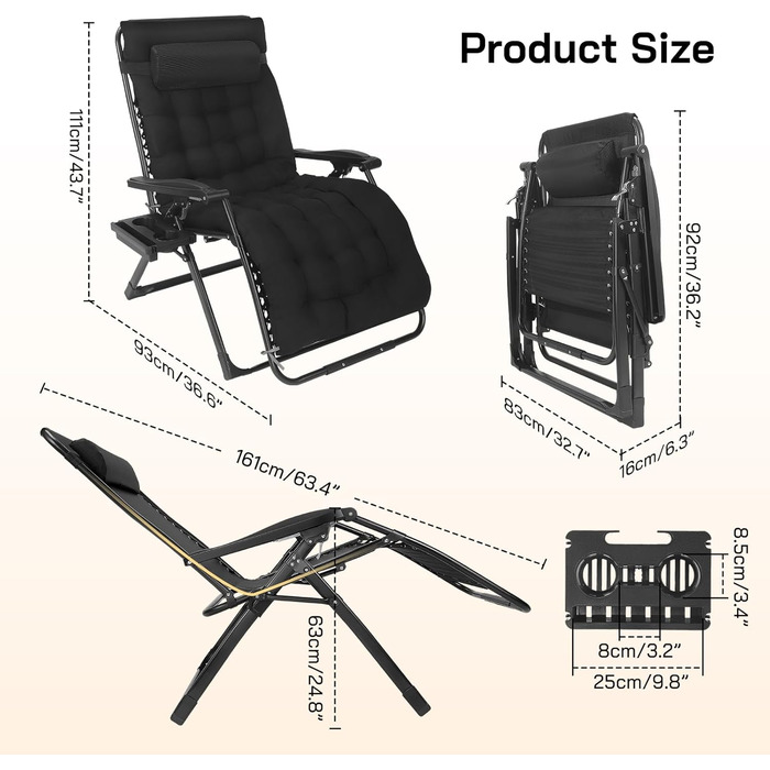Шезлонг для відпочинку, розкладний, широке сидіння 72 см, для саду, патіо, пляжу, басейну, з подушкою, витримує до 200 кг