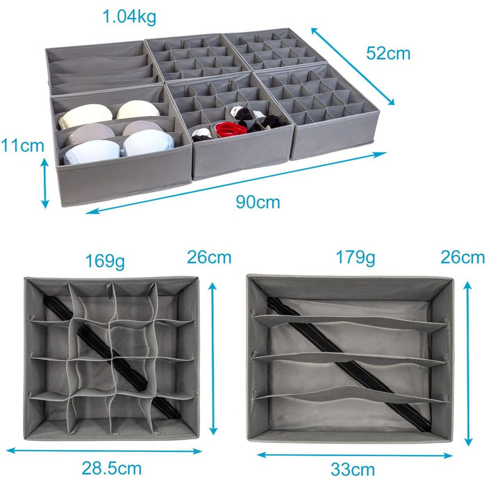 Система організації коробок для зберігання INTIRILIFE 6 шт. для нетканих ящиків сірого кольору - дві коробки на 4 відділення 33x26x11 / чотири коробки на 16 відділень 28,5x26x11 см - Складаний органайзер для шкарпеток нижньої білизни