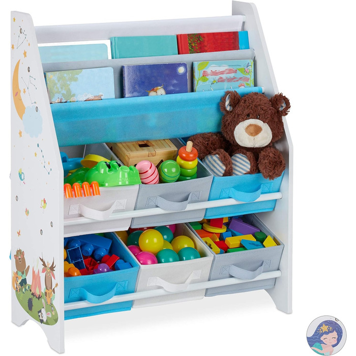 Дитяча полиця Relaxdays, мотив тварин, 6 коробок, 2 відділення, дитяча кімната, місце для зберігання іграшок HBT 74 x 62 x 31,5 см, барвистий, матеріал на основі дерева, багаття