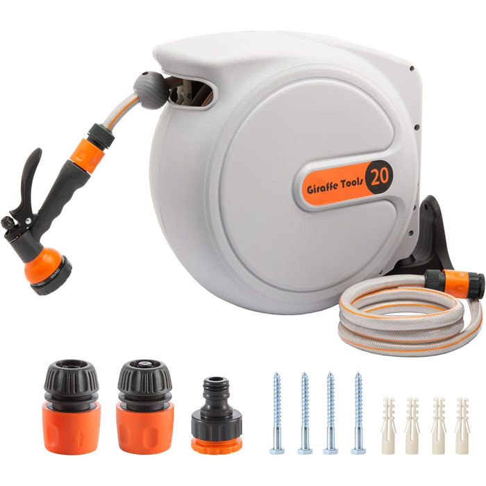 Спіральний шланг для саду Giraffe Tools Wandmontierte Schlauchbox з автоматичним намотуванням, 2м + 20м, 7 насадок, поворотний на 180°