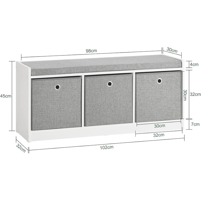 Купити FSR65-K-DG Лавка з місцем для зберігання, 2 сірі кошики, BHT 68x45x32см (3 кошики, білі)