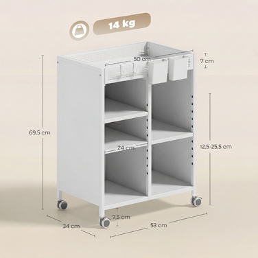 Мобильна полиця для книг на коліщатках, 4 яруси, регульовані полиці та підвісні кошики для домашнього офісу та вітальні, білий