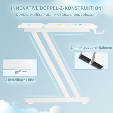 Ігровий стіл HLONONE 120x60 см зі світлодіодом, поверхнею з вуглецевого волокна, гачком для навушників і тримачем для чашки, синій