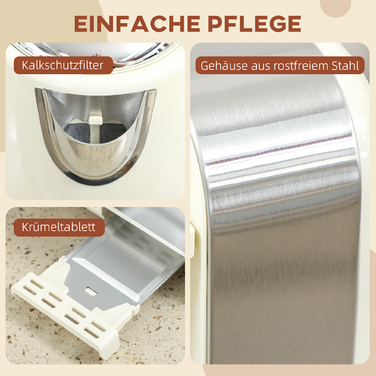 Електричний чайник та тостер - комплект, об'єм 1,7 л, потужність 2200 Вт, термостат Strix, фільтр, тостер з 4 слотами, 7 ступенів підсмажування, знімний піддон для крихт.