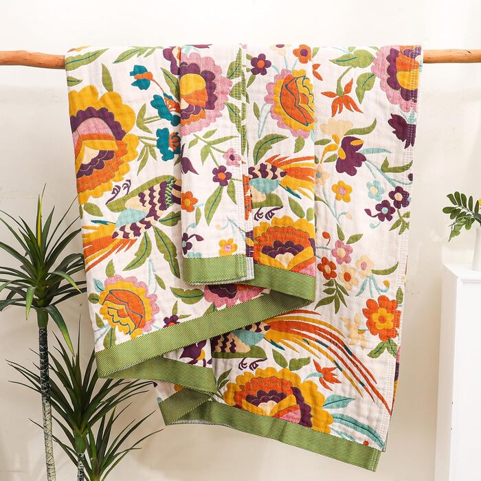 Плед Boho з 100% бавовни, стиль кантрі, 150x200 см, гранатовий колір. Плед на диван та ліжко з квітковим візерунком (квіти, птахи)