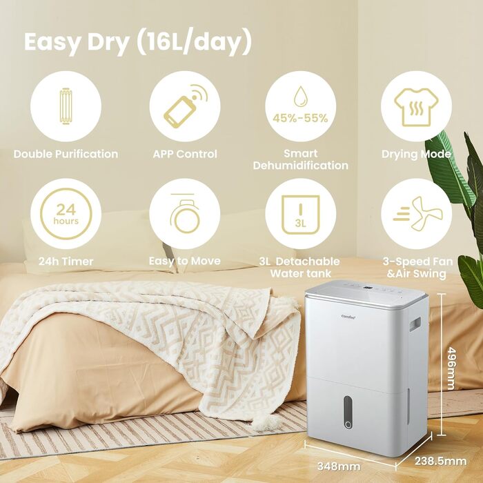 Осушувач повітря COMFEE Easy Dry 16 л/день, 4 режими, зволожувач підключений, бак 3 л, сушильна машина, функція гойдання, для приміщень площею 32/80 м