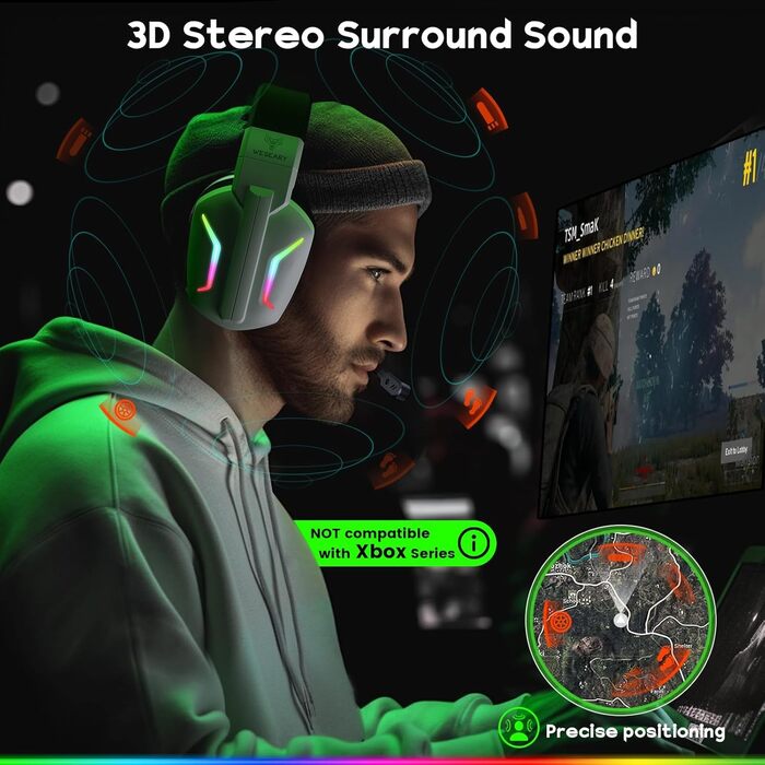 WG1 Bluetooth навушники для ігор: бездротові, з мікрофоном, для PS5, PS4, PC, Switch, Mac, LED-підсвітка, 50 годин роботи, Satinweiß