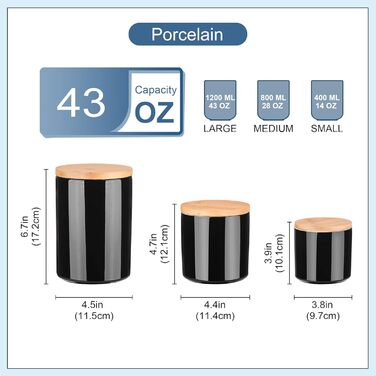 Набір банок для зберігання LOVECASA, порцеляна, герметична бамбукова кришка, набір з 3 шт. , крейдяні написи (чорні)