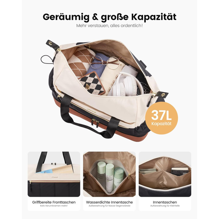 Сумка-валіза LOVEVOOK для жінок, легка дорожня сумка-шопер, дорожня сумка-мішок для авіаперельотів, водонепроникна сумка для клініки, пологового будинку, спортивна сумка з відділенням для взуття, (Бежевий+чорний+коричневий, L-37L)