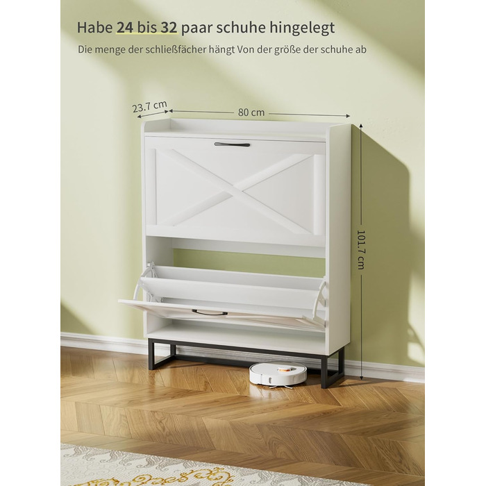 Шафа для взуття з 2 дверцятами, полиця для взуття в передпокій, вузька шафа-кіпер для взуття з 4 полицями, тумба для взуття з металевими ніжками, органайзер для взуття з дерева для стіни, 80x23,8x101,7 см, білий