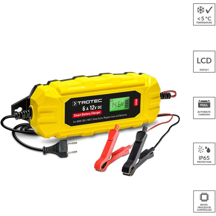 Універсальний зарядний пристрій TROTEC 12V для автомобілів, мотоциклів, будинків на колесах, тракторів, транспортерів, IP65 (PBCS 6A)